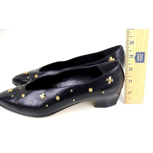 VTG Town Shoes BLACK REAL LEATHER POINTED MID HEEL STUDS CLASSIC PUMP SHOES 6.5M - Picture 8 of 11
